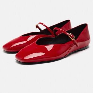 Patent Effect Faux Leather Red Mary Jane Ballet Flats